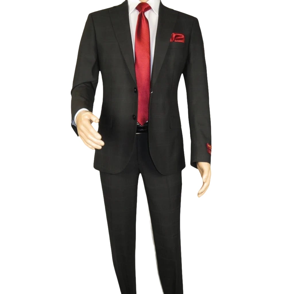 Men Suit BERLUSCONI Turkey Italian Wool 180's Single Breasted 623-01 Black Plaid