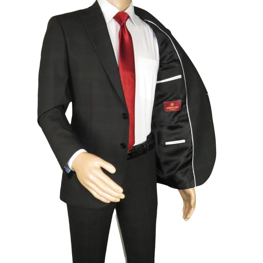 Men Suit BERLUSCONI Turkey Italian Wool 180's Single Breasted 623-01 Black Plaid
