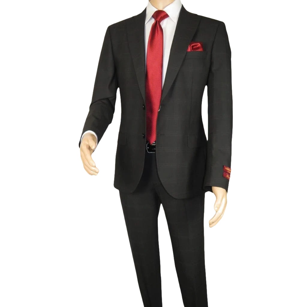 Men Suit BERLUSCONI Turkey Italian Wool 180's Single Breasted 623-01 Black Plaid