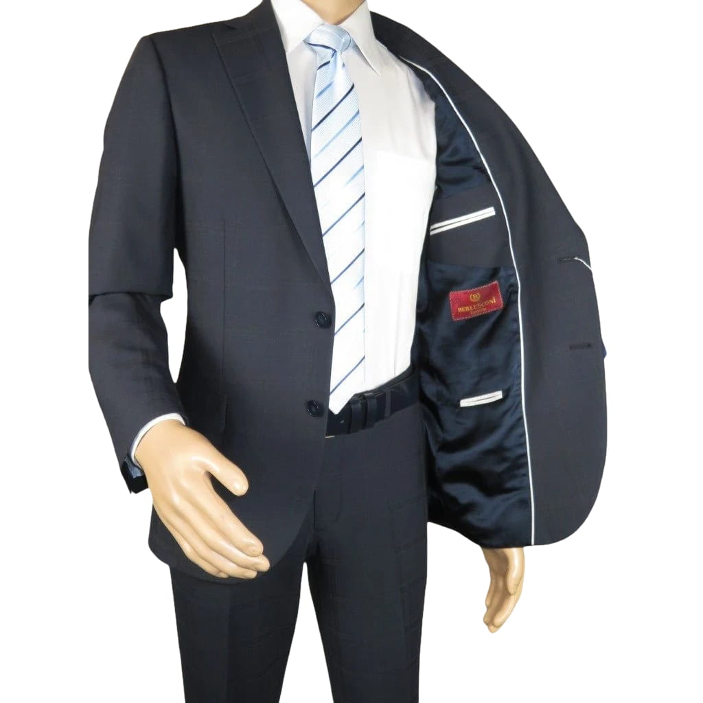 Men Suit BERLUSCONI Turkey Italian Wool 180's Single Breasted 623-03 Navy Plaid