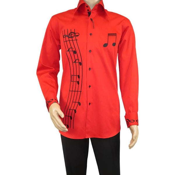 Men Axxess Turkey Shirt 100% Cotton Musical Note 623-05 French Cuffs Red Black