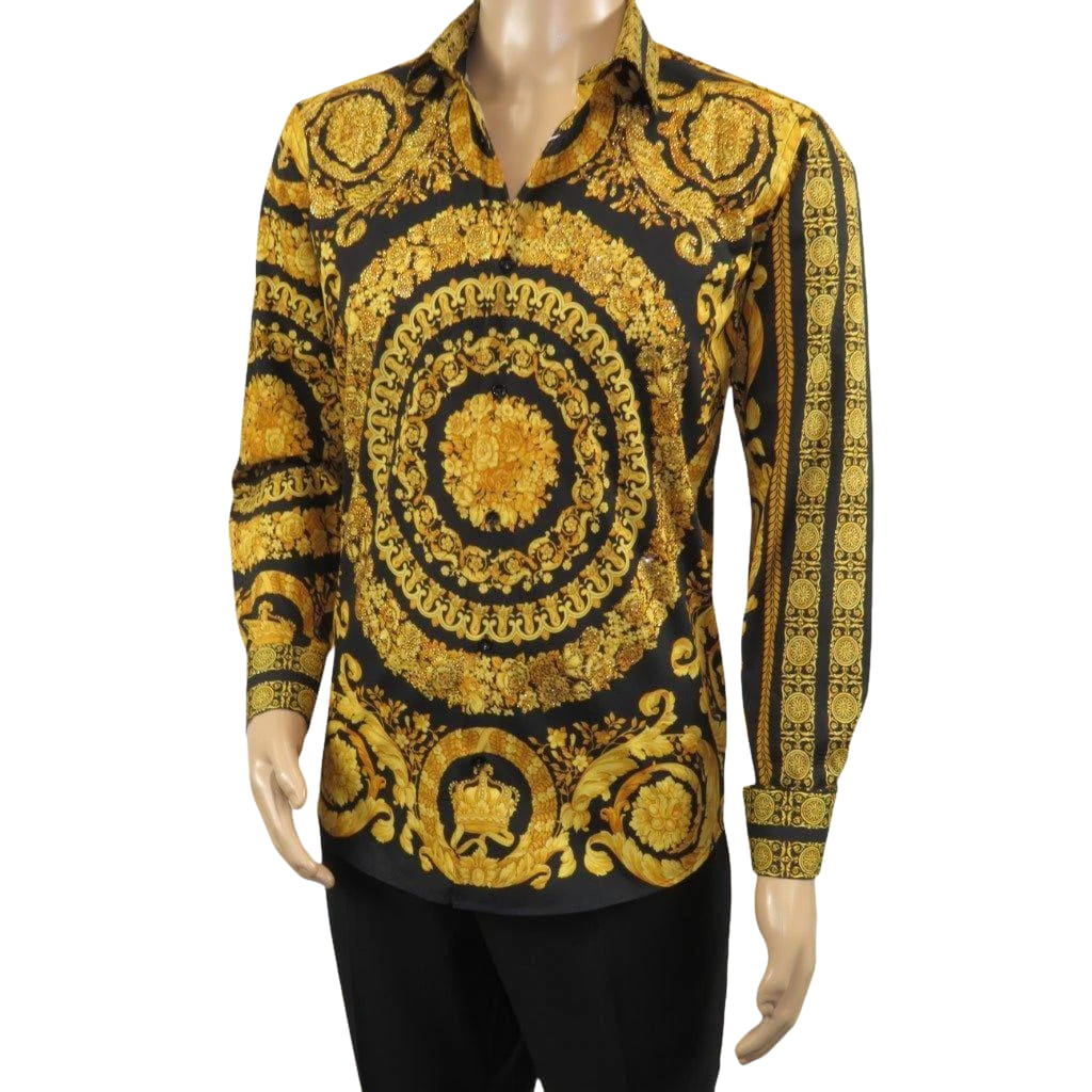 Men's AVM Crystal Shirt Medallion Medusa Cotton Turkey Slim Fit 9628-01 Gold