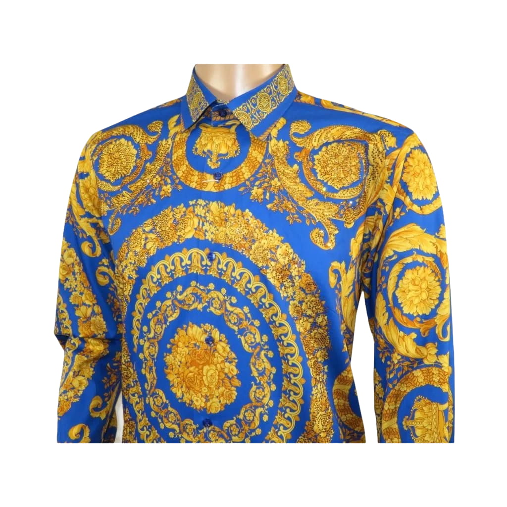 Men's AVM Crystal Shirt Medallion Medusa Cotton Slim Fit 9628-06 Royal Blue