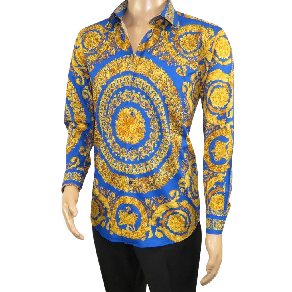 Men's AVM Crystal Shirt Medallion Medusa Cotton Slim Fit 9628-06 Royal Blue