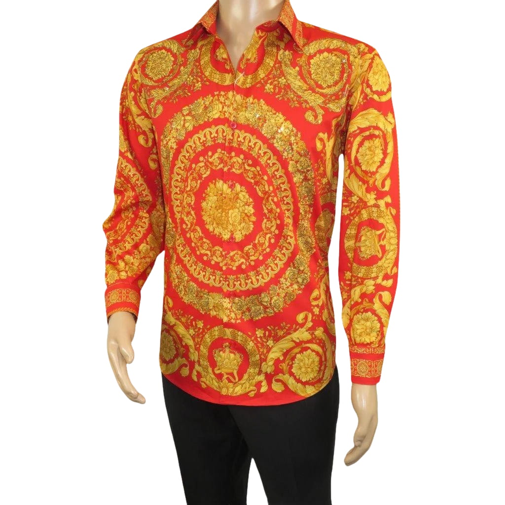 Men's AVM Crystal Shirt Medallion Medusa Cotton Turkey Slim Fit 9628-07 Red
