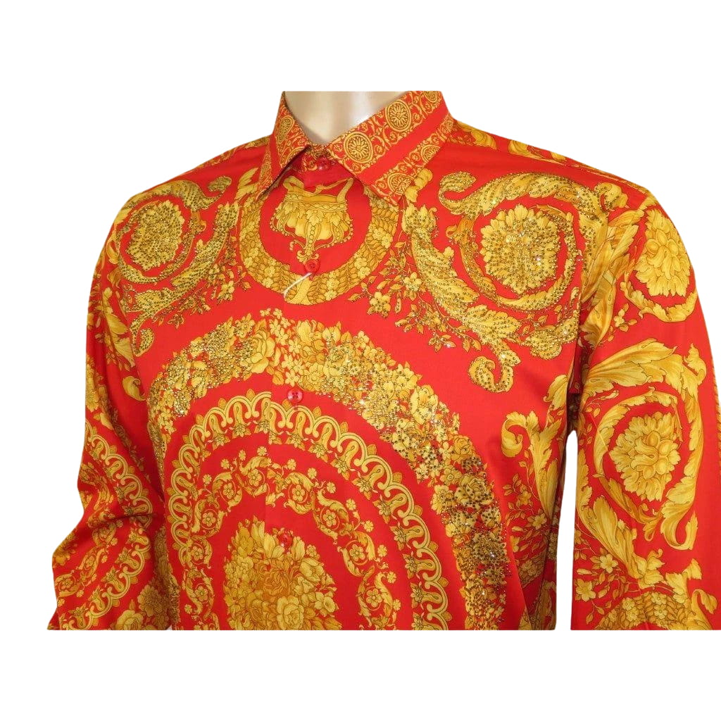 Men's AVM Crystal Shirt Medallion Medusa Cotton Turkey Slim Fit 9628-07 Red