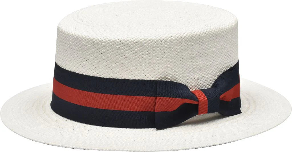 Men's Bruno Capelo Boater Natural Straw Flat Crown Hat BC631 White/Red/Blue