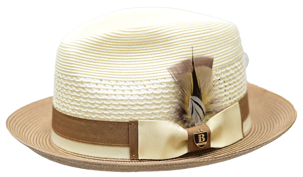 Men's Bruno Capelo Belvedere 2-Tone Straw Style Fedora Hat BD958 Ivory/Cognac