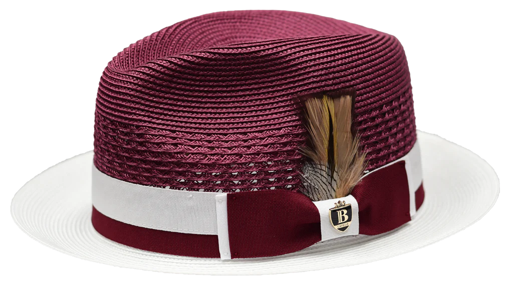 Men's Bruno Capelo Belvedere 2-Tone Straw Style Fedora Hat BD961 Burgundy/White