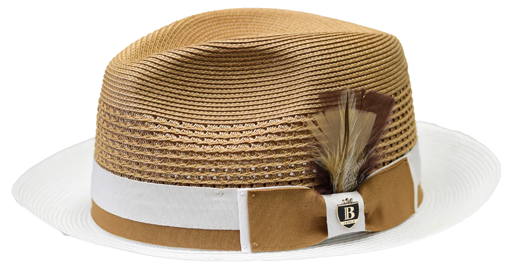 Men's Bruno Capelo Belvedere 2-Tone Straw Style Fedora Hat BD962 Tan/White