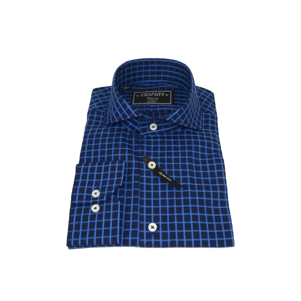 Men's Shirt Charles TYRWHITT 100% Cotton Cut-away Collar CHT-25 Navy Checker
