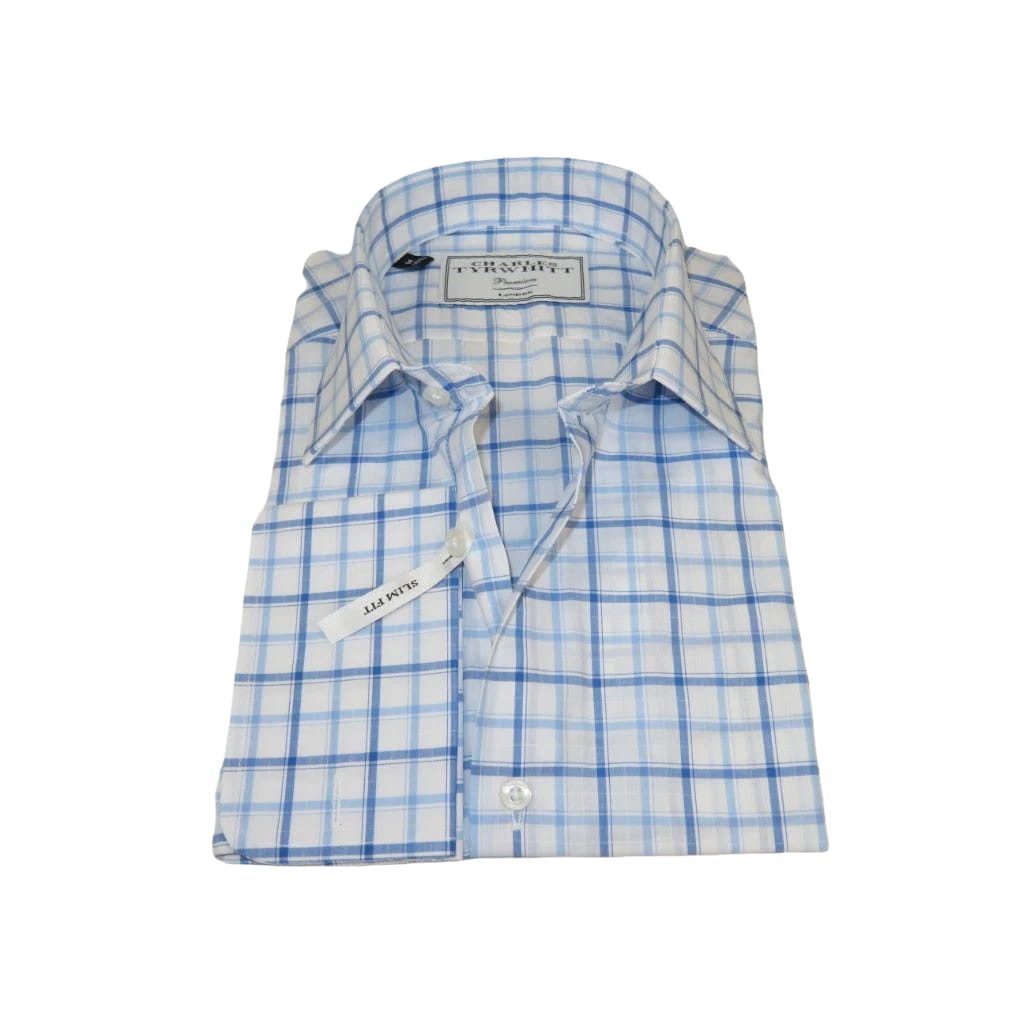 Men's Shirt Charles TYRWHITT Turkey 100% Cotton French Cuffs CHT-5 Blue Plaid
