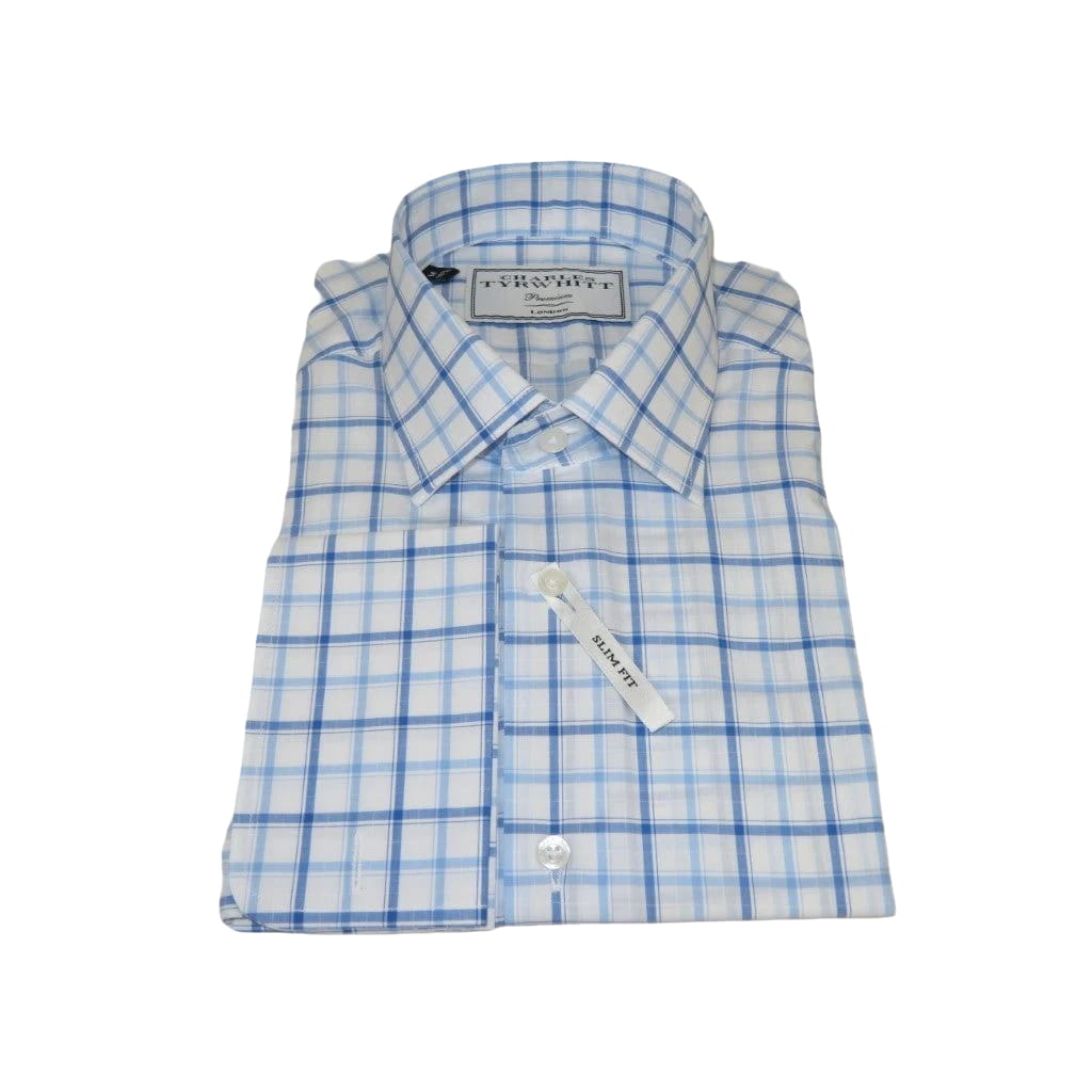 Men's Shirt Charles TYRWHITT Turkey 100% Cotton French Cuffs CHT-5 Blue Plaid
