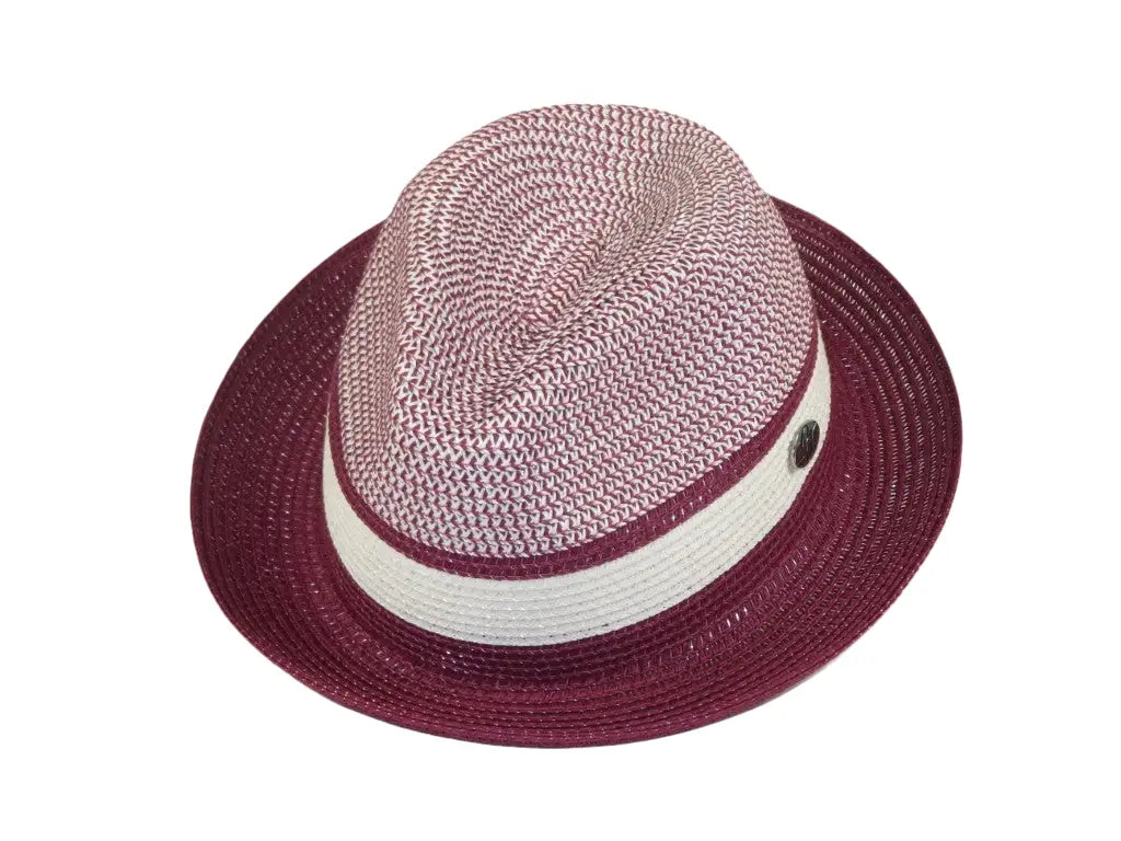 Men's Bently Semi Crushable Fedora Briad Straw Hat Dante DA226 Burgundy White