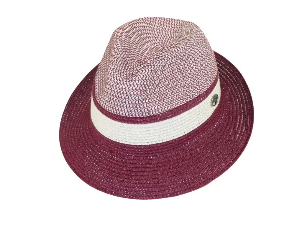 Men's Bently Semi Crushable Fedora Briad Straw Hat Dante DA226 Burgundy White