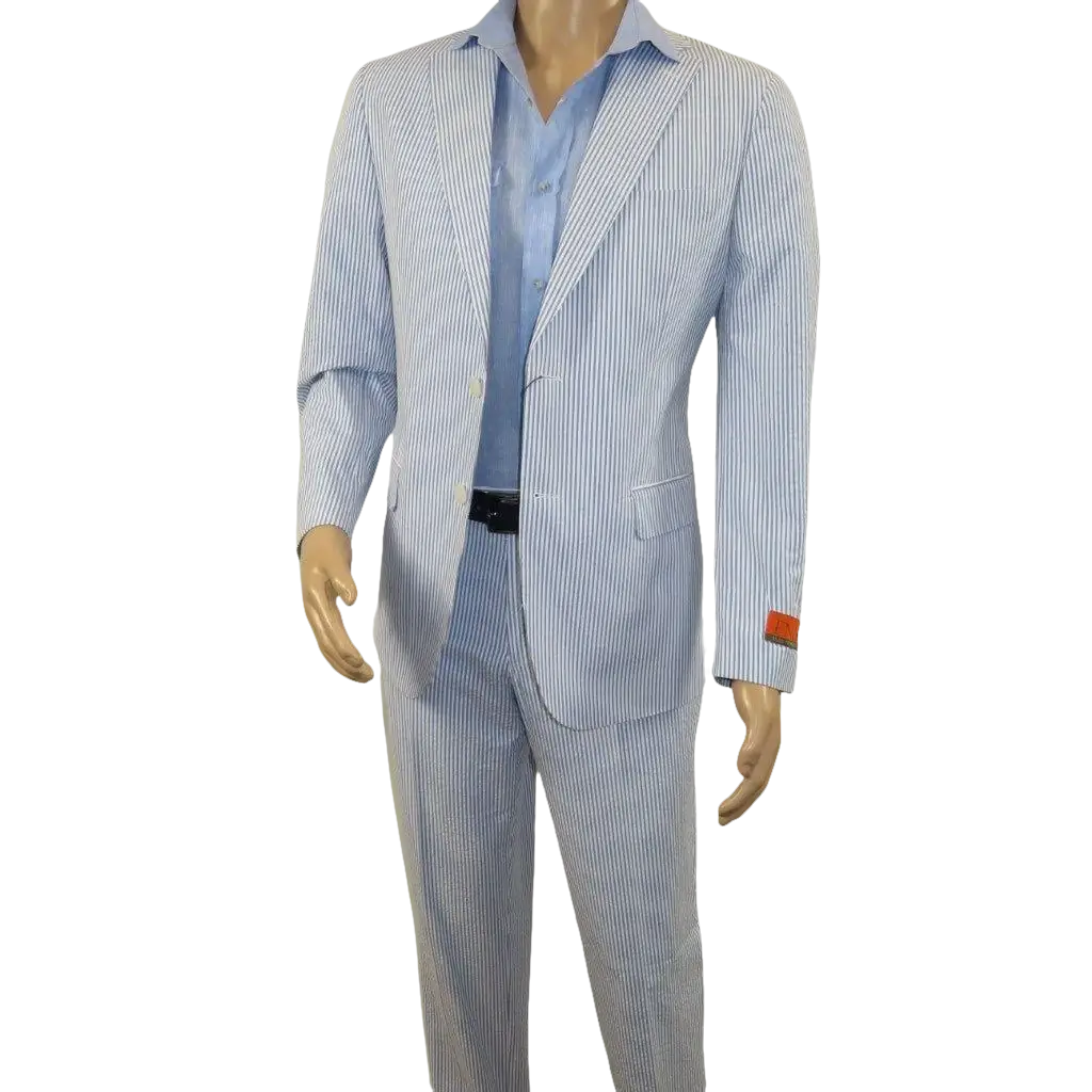 Men's Seersucker Suit Light Weight 100% Cotton By ENZO E58303-1 Blue