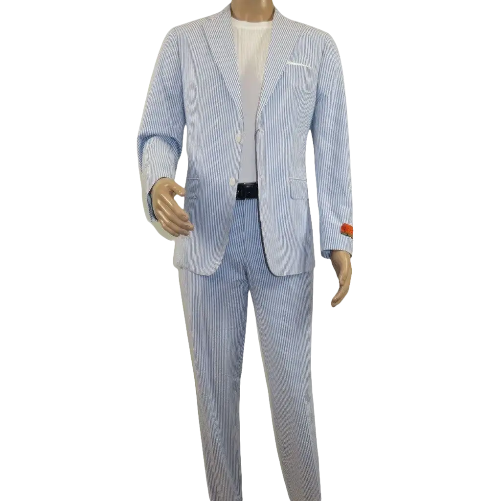 Men's Seersucker Suit Light Weight 100% Cotton By ENZO E58303-1 Blue