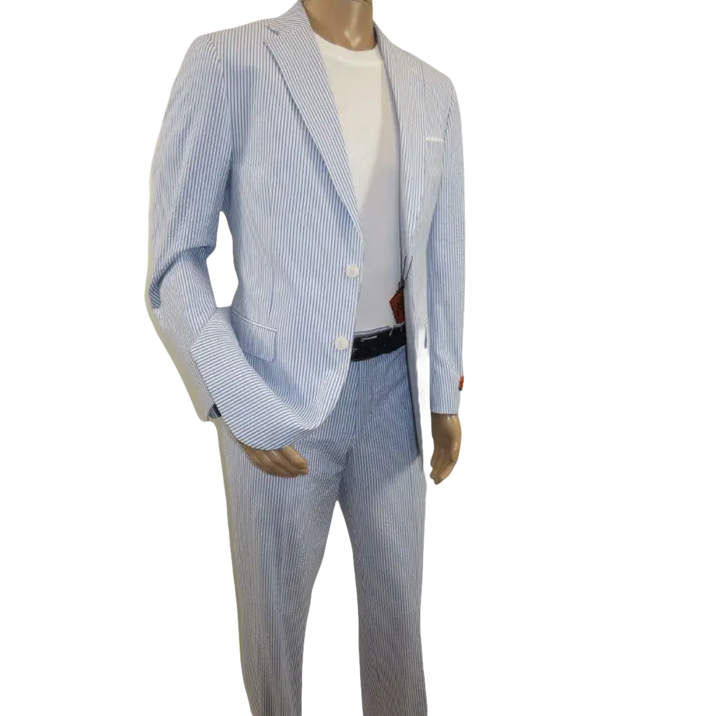 Men's Seersucker Suit Light Weight 100% Cotton By ENZO E58303-1 Blue