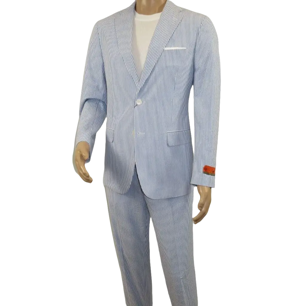 Men's Seersucker Suit Light Weight 100% Cotton By ENZO E58303-1 Blue