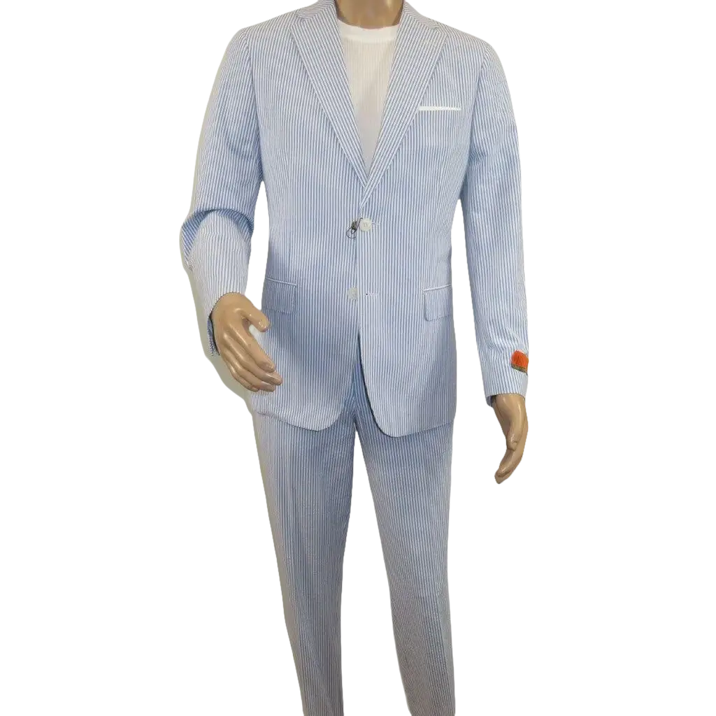 Men's Seersucker Suit Light Weight 100% Cotton By ENZO E58303-1 Blue