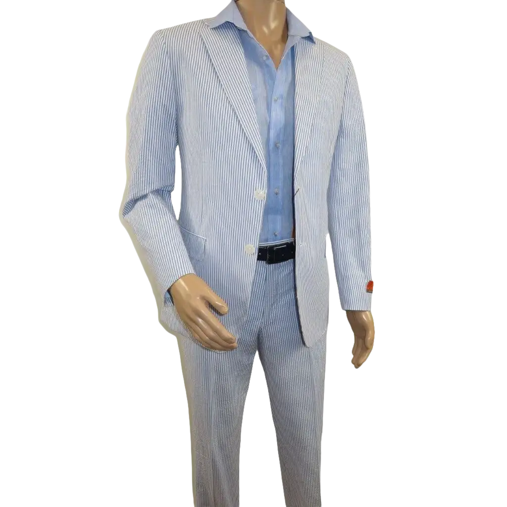 Men's Seersucker Suit Light Weight 100% Cotton By ENZO E58303-1 Blue