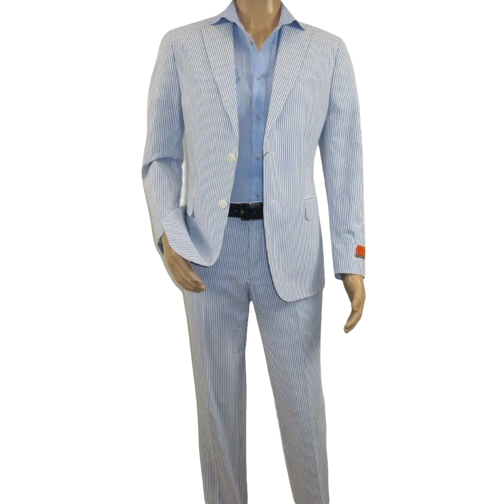 Men's Seersucker Suit Light Weight 100% Cotton By ENZO E58303-1 Blue