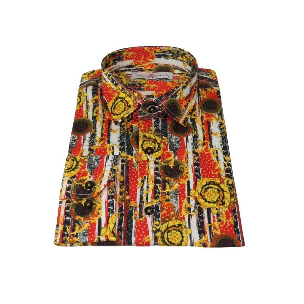 Men's EMILIO CERUTTI Sport Shirt 100% Cotton Long Sleeves #EMC10 Black Red