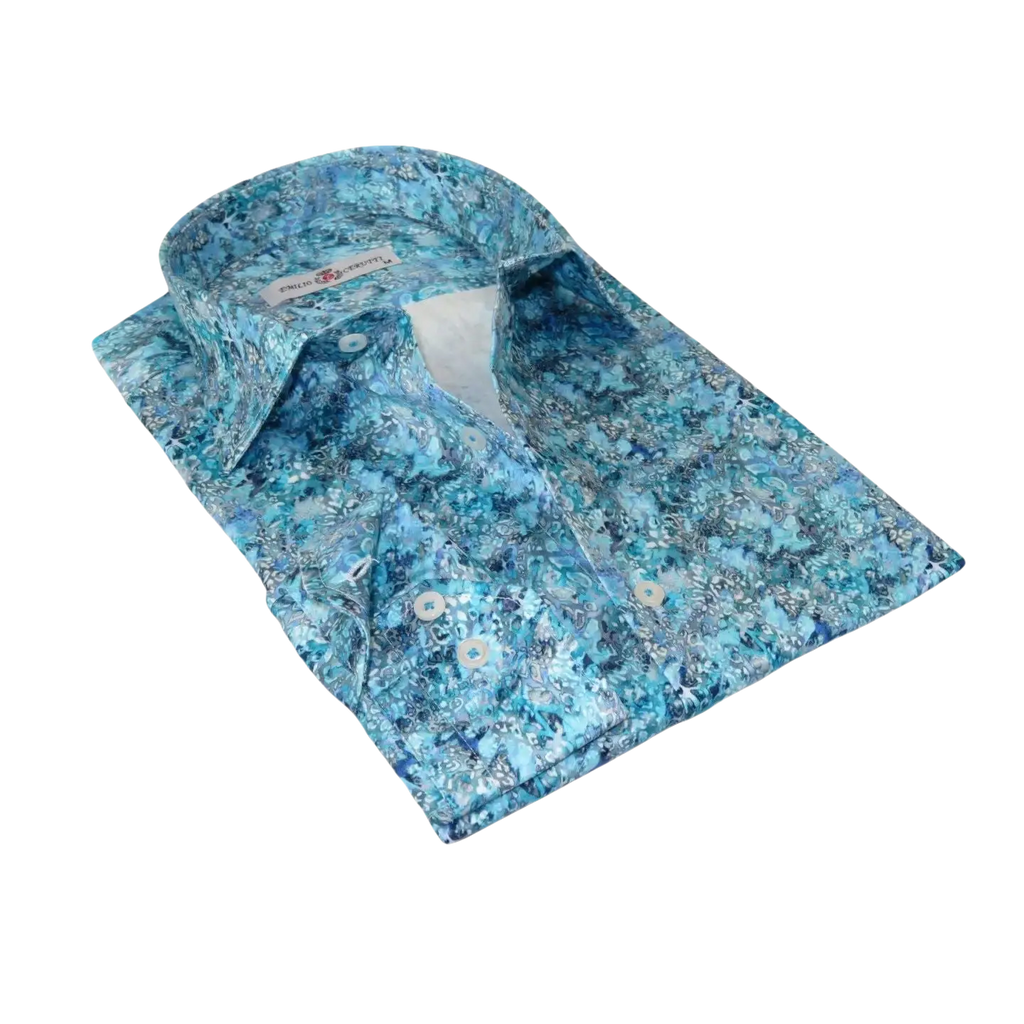 Men's EMILIO CERUTTI Sport Shirt 100% Cotton Long Sleeves #EMC1 Teal Floral