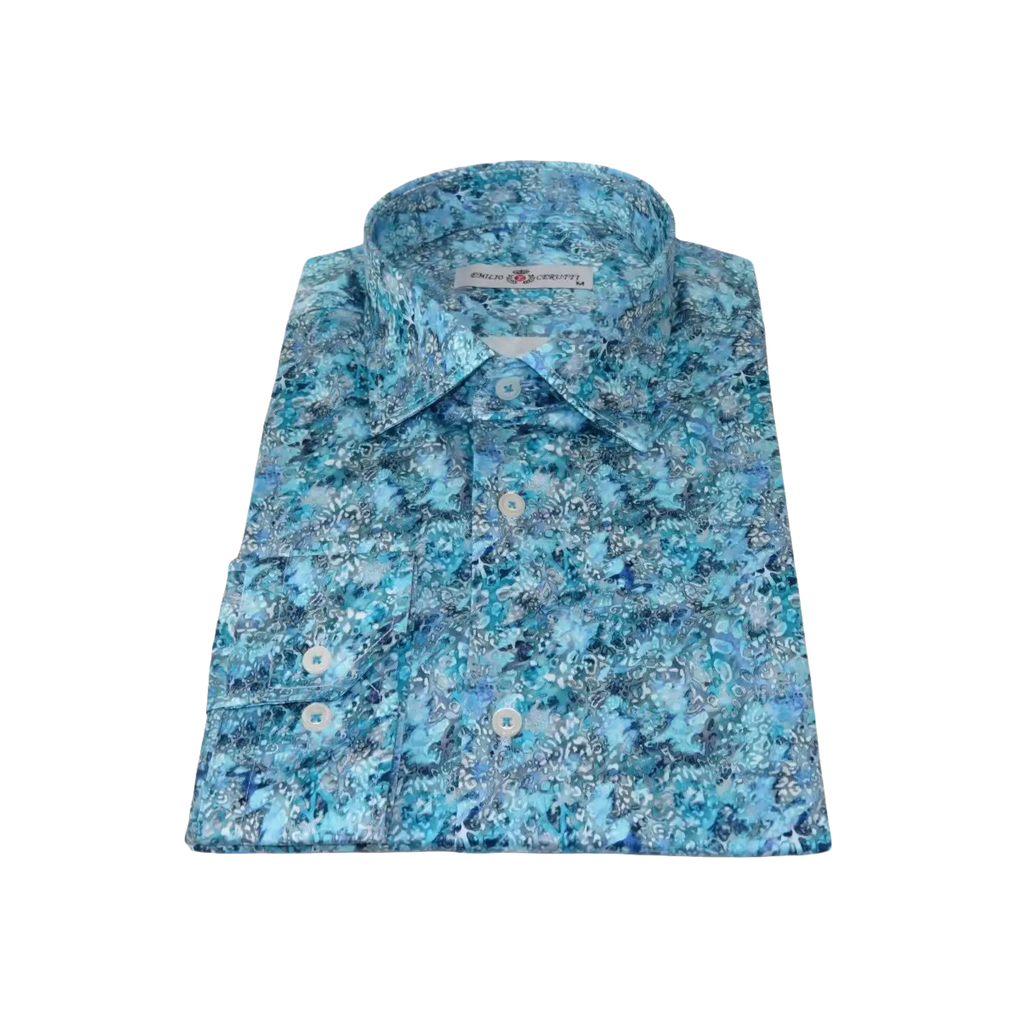 Men's EMILIO CERUTTI Sport Shirt 100% Cotton Long Sleeves #EMC1 Teal Floral