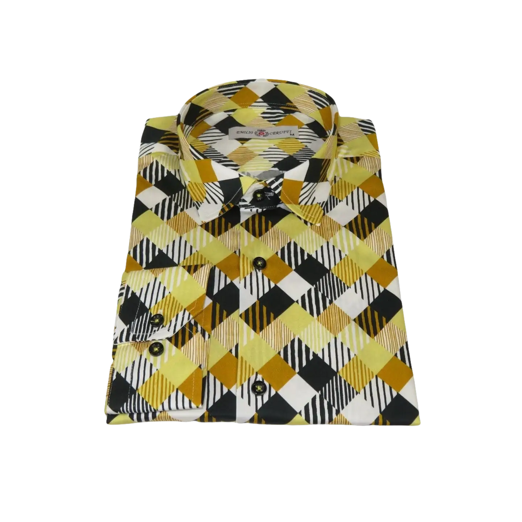 Men's EMILIO CERUTTI Sport Shirt 100% Cotton Long Sleeves #EMC2 Gold Geometric