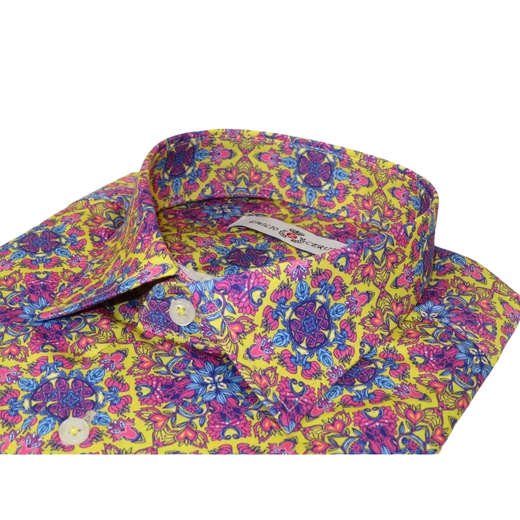 Men's EMILIO CERUTTI Sport Shirt 100% Cotton #EMC3 Multi Pink Floral