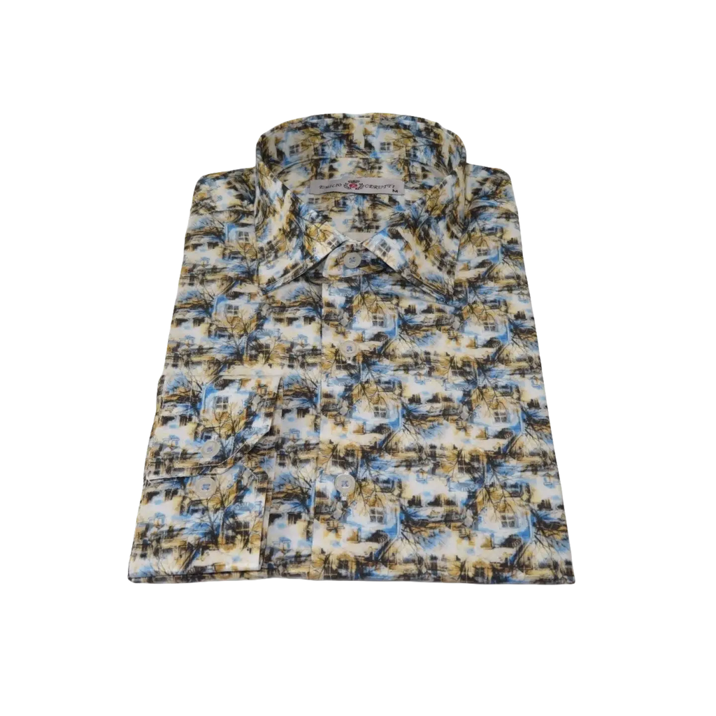 Men's EMILIO CERUTTI Sport Shirt 100% Cotton Long Sleeves #EMC4 Multi Blue