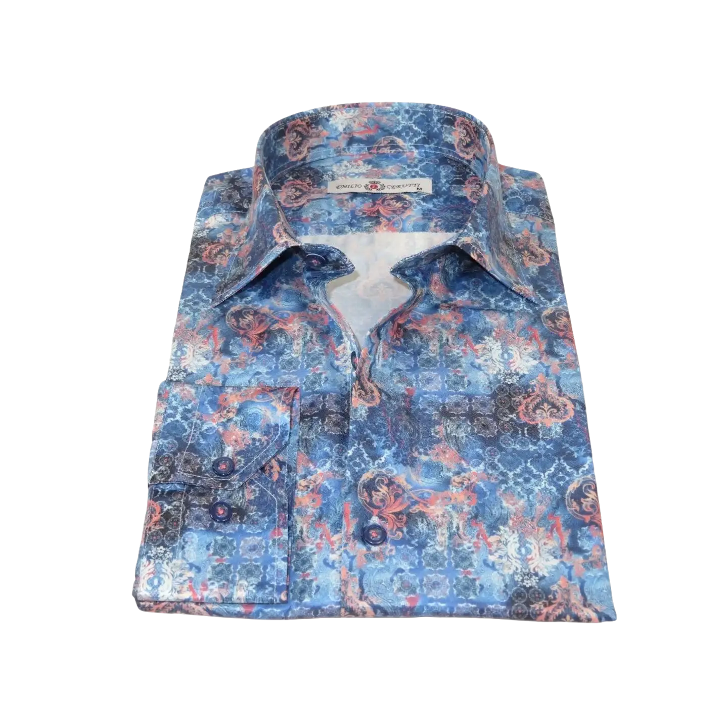 Men's EMILIO CERUTTI Sport Shirt 100% Cotton Long Sleeves #EMC8 Multi Blue