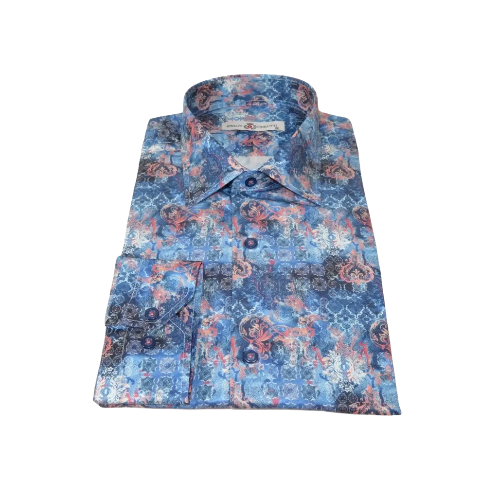 Men's EMILIO CERUTTI Sport Shirt 100% Cotton Long Sleeves #EMC8 Multi Blue