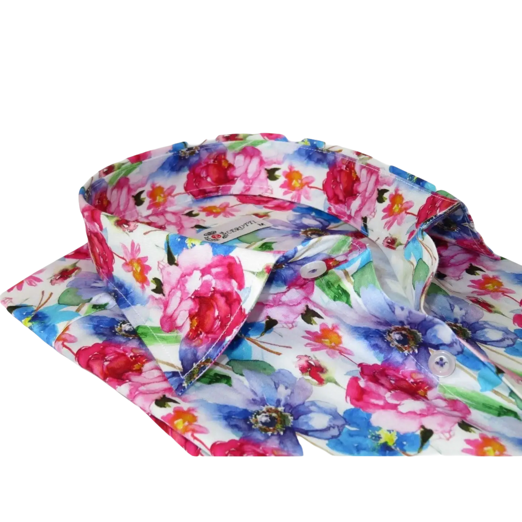 Men's EMILIO CERUTTI Sport Shirt 100% Cotton Long Sleeves #EMC9 Multi Red Floral