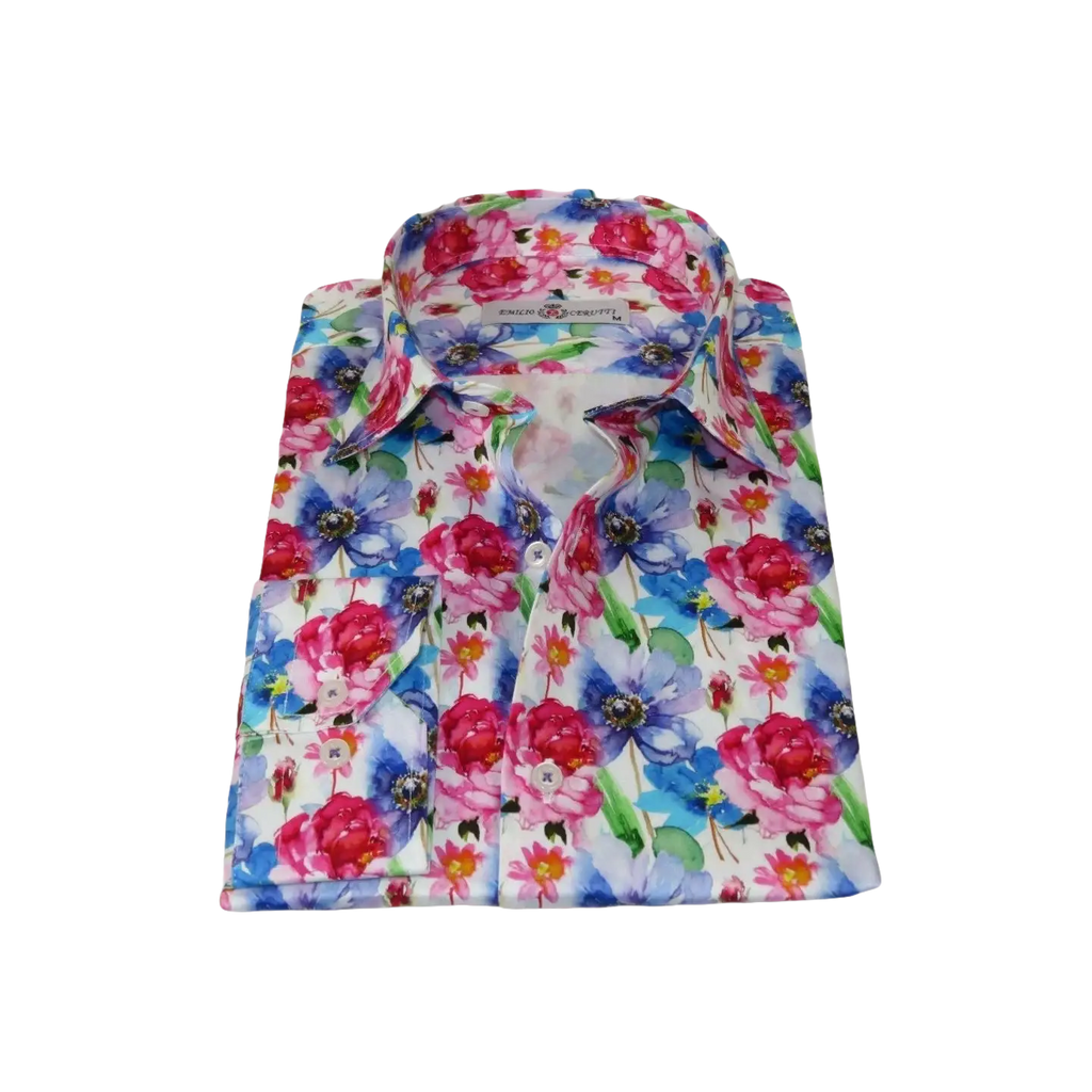 Men's EMILIO CERUTTI Sport Shirt 100% Cotton Long Sleeves #EMC9 Multi Red Floral