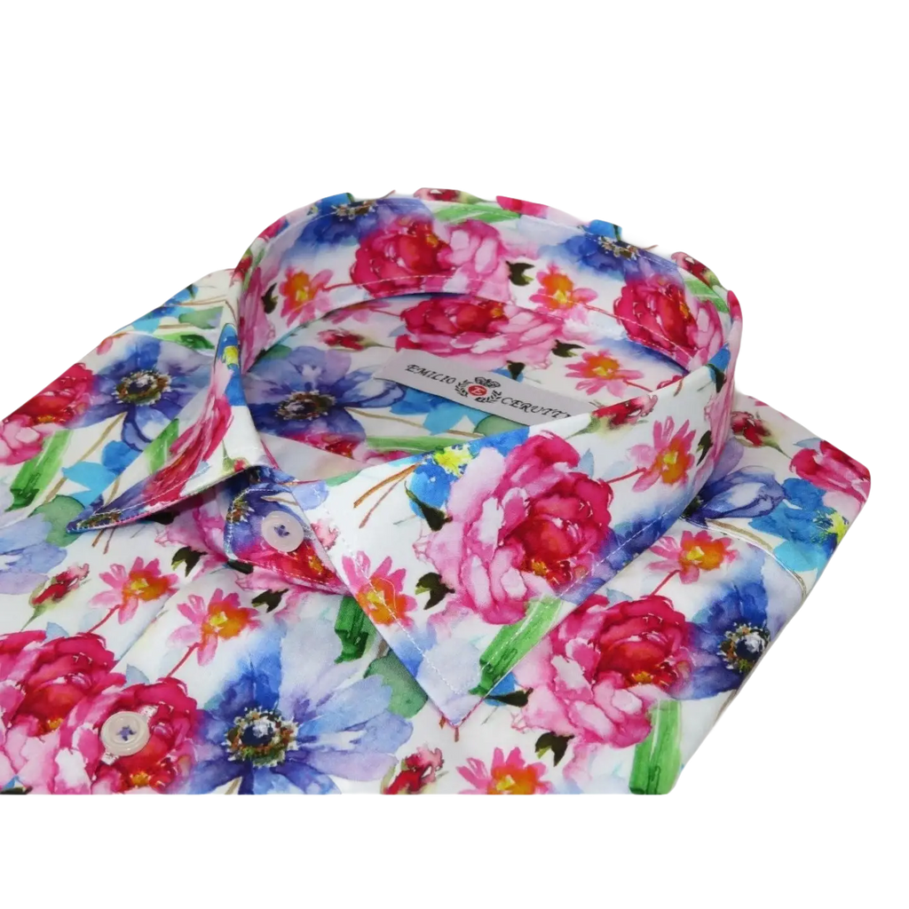 Men's EMILIO CERUTTI Sport Shirt 100% Cotton Long Sleeves #EMC9 Multi Red Floral