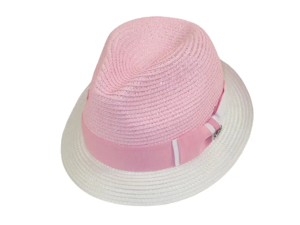 Men's Bently Semi Crushable Fedora Briad Straw Hat Enzo EN202 Pink White