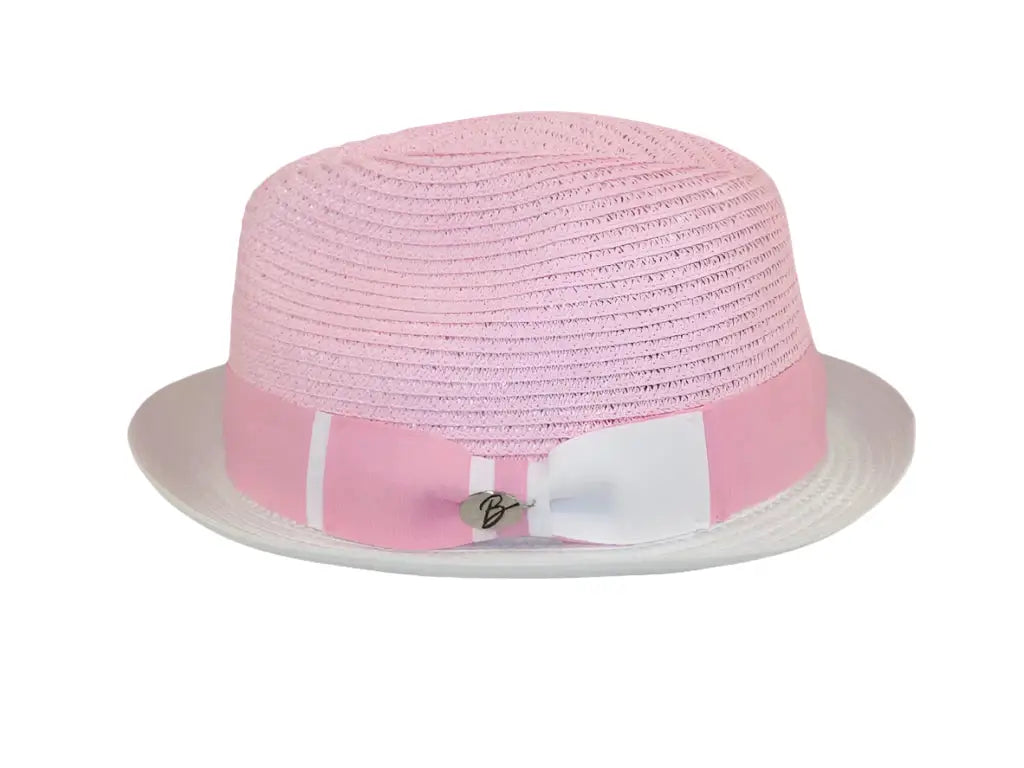Men's Bently Semi Crushable Fedora Briad Straw Hat Enzo EN202 Pink White