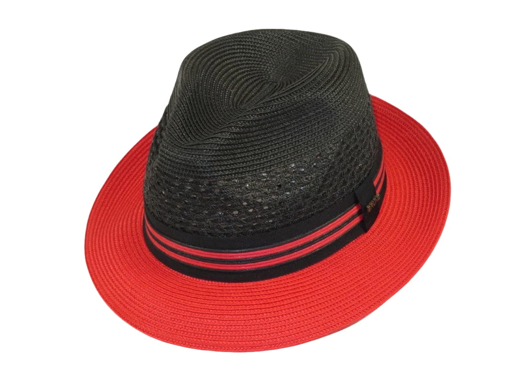 Men's Bruno Capelo Hollywood 2-Tone Straw Style Fedora Hat HW795 Black/Red