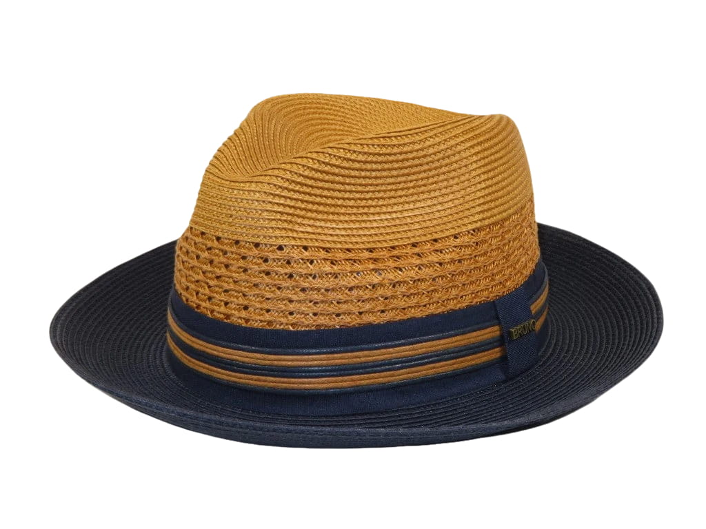 Men's Bruno Capelo Hollywood 2-Tone Straw Style Fedora Hat HW798 Cognac/Navy