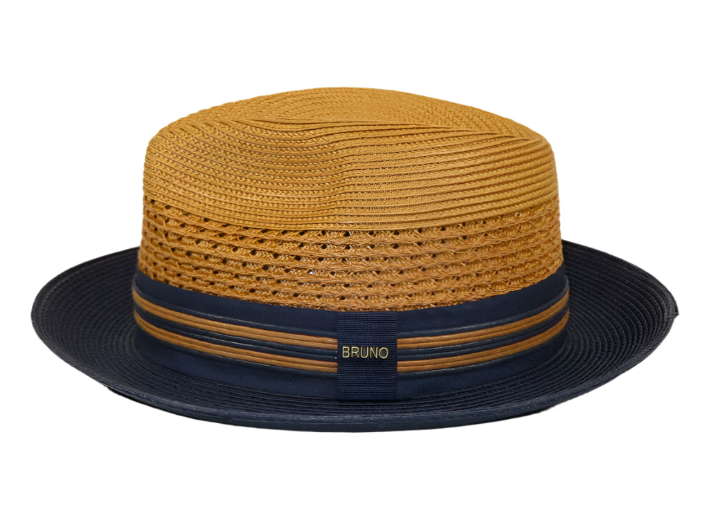 Men's Bruno Capelo Hollywood 2-Tone Straw Style Fedora Hat HW798 Cognac/Navy