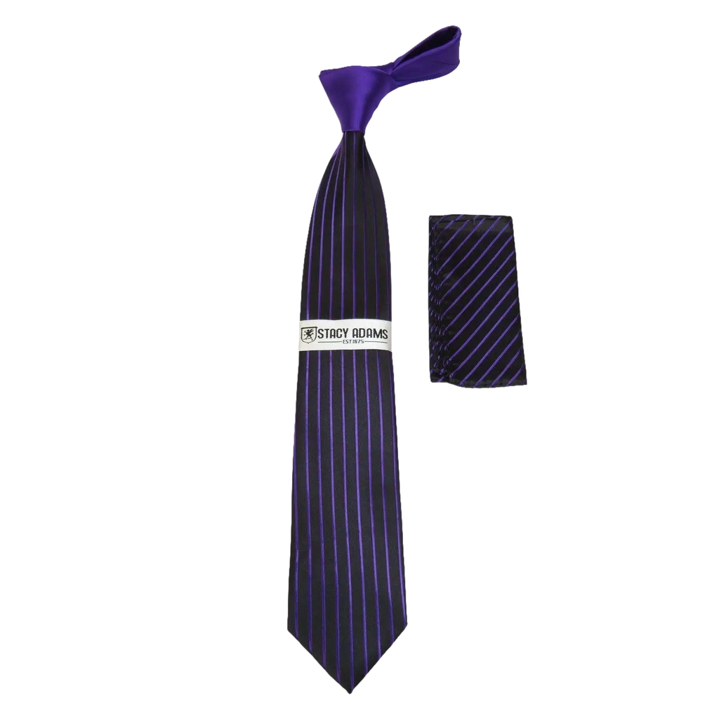 Men's Stacy Adams Tie and Hankie Set Woven Silky Fabric #Stacy27 Purple Stripe