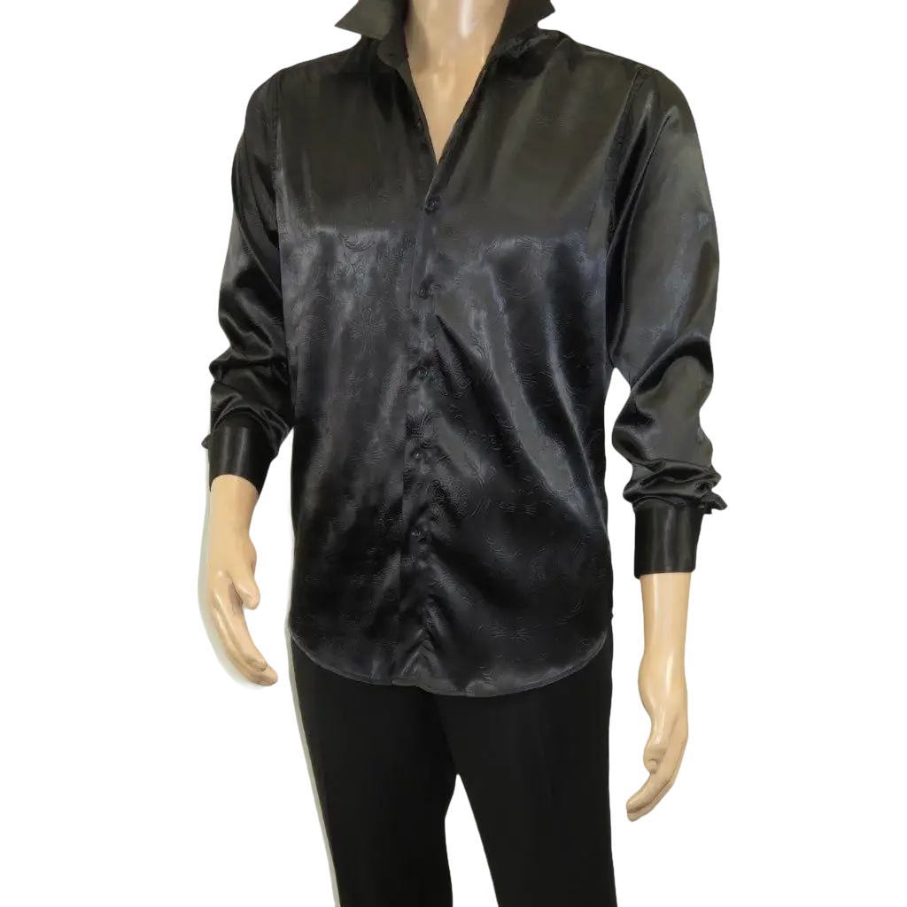Men's Sports Shirt By Moderno Fancy Silky Satin Long Sleeves MJLS-143 Black
