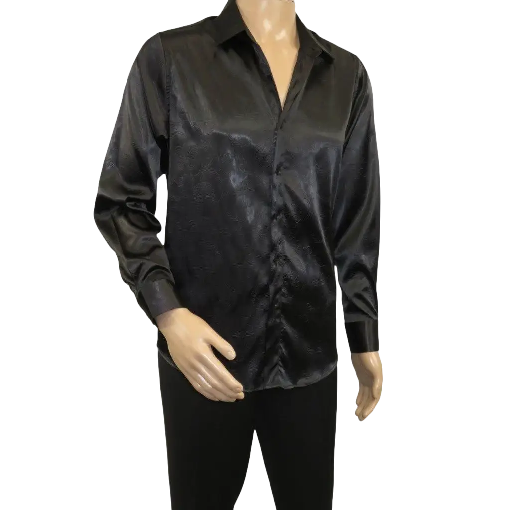 Men's Sports Shirt By Moderno Fancy Silky Satin Long Sleeves MJLS-143 Black
