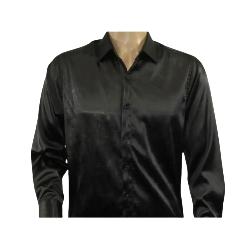 Men's Sports Shirt By Moderno Fancy Silky Satin Long Sleeves MJLS-143 Black