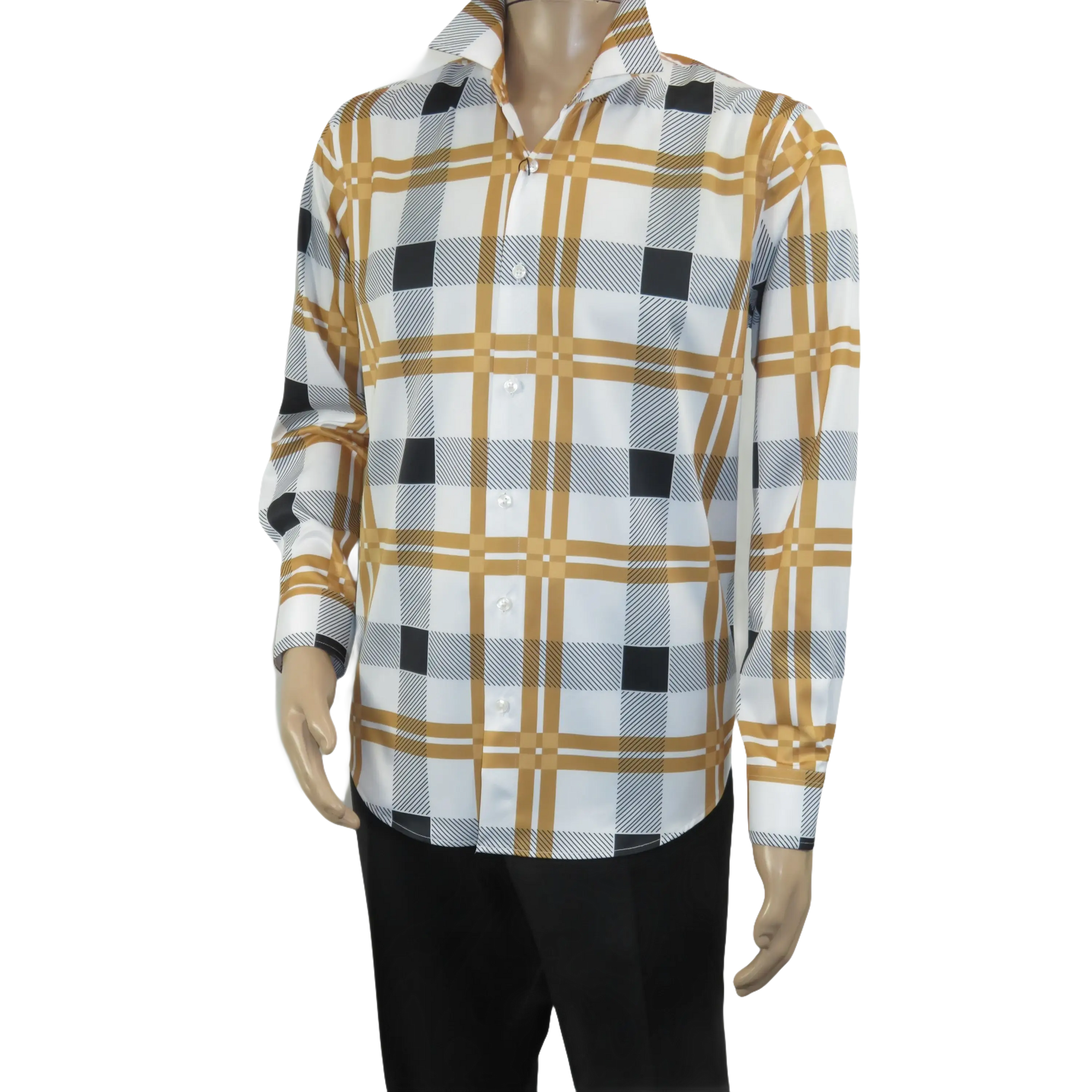 Men's Sports Shirt By Moderno Plaid Fancy Silky Long Sleeves MJLS-809 White