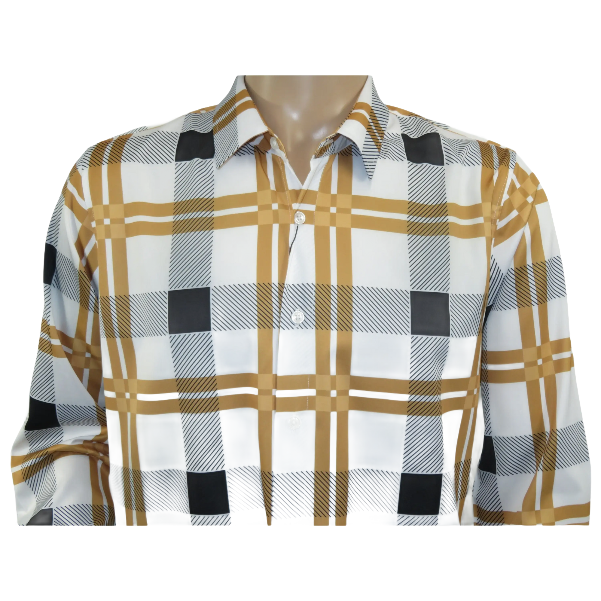 Men's Sports Shirt By Moderno Plaid Fancy Silky Long Sleeves MJLS-809 White