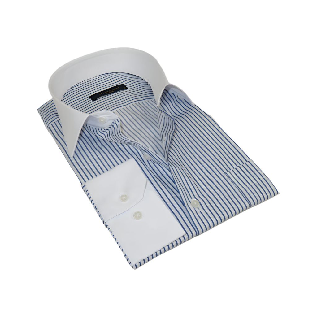 Men's Shirt MARCUZZI Turkey 100% Cotton Marc4 Navy Stripe White Collar and Cuffs