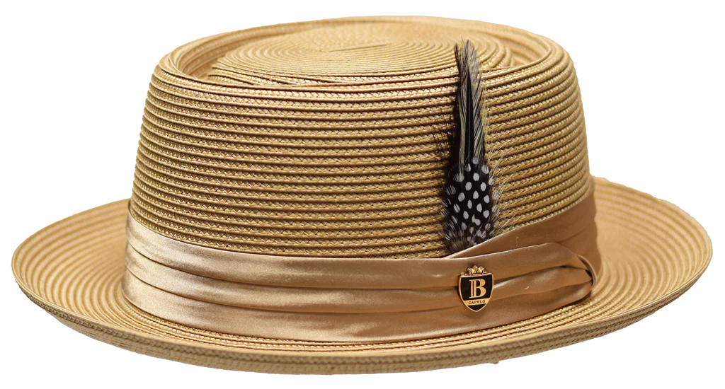 Men's Bruno Capelo RAFAELE Braid Straw Pork Pie Hat Telescope Crown RF-403 Tan
